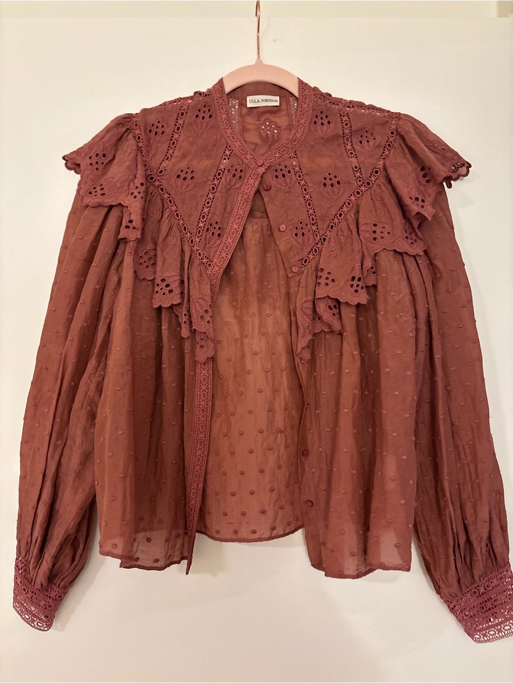 Ulla Johnson Rust Tiered Eyelet Swiss Dot Blouse